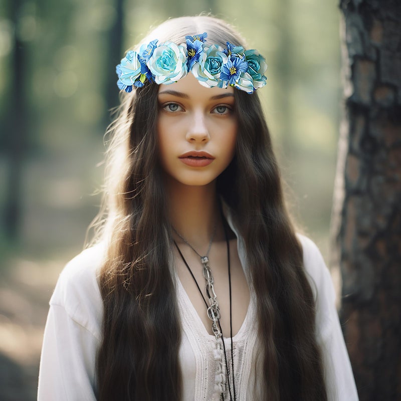 LLinfflr Floral Garland Crown Boho Flower Headband Hair Wreath Floral Halo Headpiece with Ribbon Wedding Party Blue - Image 4